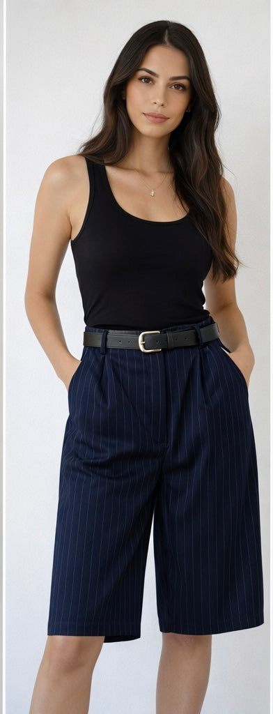 Striped Belted Bermuda - Μπλε