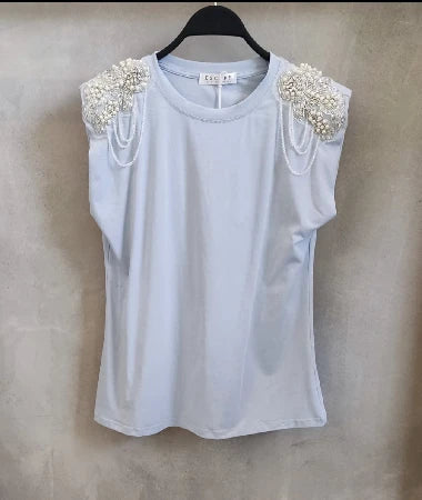 Strass Shoulder Top – Light Blue